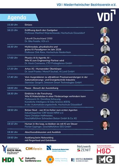 Programmübersicht der VDI-Veranstaltung „Künstliche Intelligenz für den Mittelstand“ am 13. November 2026. Zwischen 16:15 und 19:30 Uhr stehen Fachvorträge zu KI-Anwendungen, Robotik, Automatisierung und Forschung auf dem Programm. Zu den Vortragenden gehören Forschende der Hochschule Düsseldorf und der Hochschule Niederrhein sowie Fachleute aus Unternehmen. Ab 19:50 Uhr ist ein Networking-Ausklang vorgesehen.